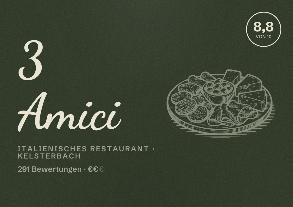 Illustriertes Poster von 3 Amici, Italienisches Restaurant in Kelsterbach: Bewertung 8,8 von 10 aus 291 Bewertungen, Preisniveau €€