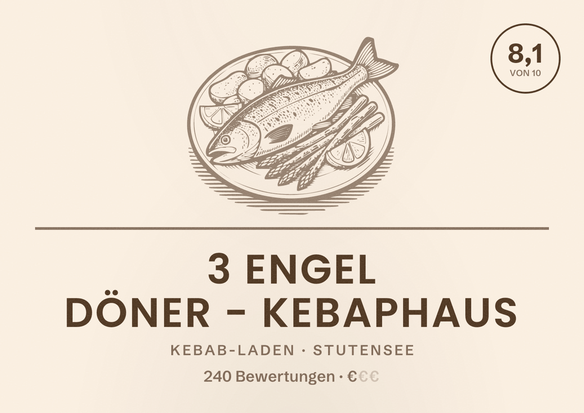 Illustriertes Poster von 3 Engel Döner - Kebaphaus, Kebab-Laden in Stutensee: Bewertung 8,1 von 10 aus 240 Bewertungen, Preisniveau €