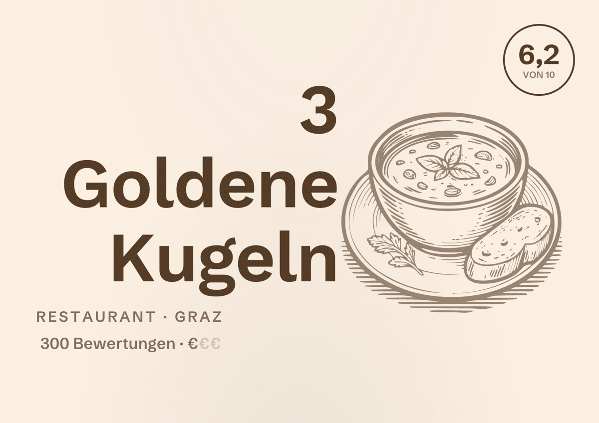 Illustriertes Poster von 3 Goldene Kugeln, Restaurant in Graz: Bewertung 6,2 von 10 aus 300 Bewertungen, Preisniveau €