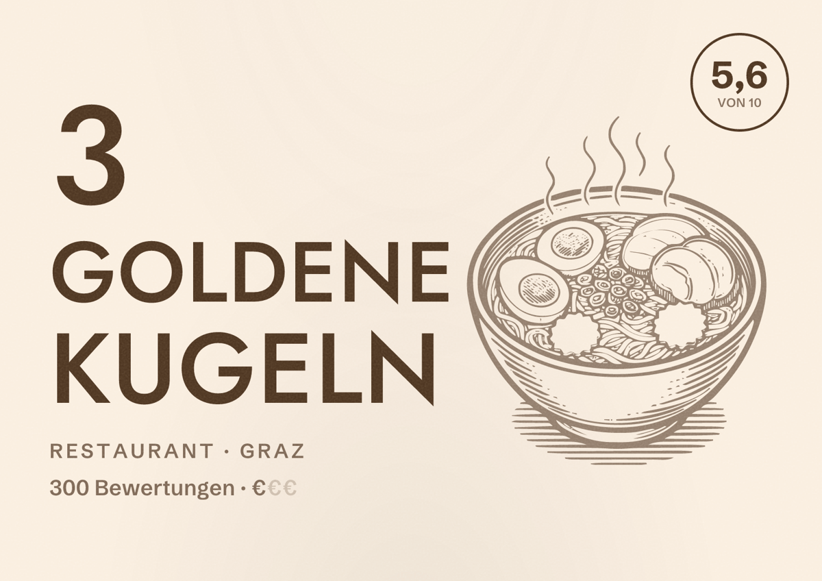 Illustriertes Poster von 3 Goldene Kugeln, Restaurant in Graz: Bewertung 5,6 von 10 aus 300 Bewertungen, Preisniveau €