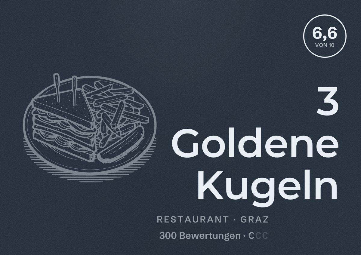Illustriertes Poster von 3 Goldene Kugeln, Restaurant in Graz: Bewertung 6,6 von 10 aus 300 Bewertungen, Preisniveau €