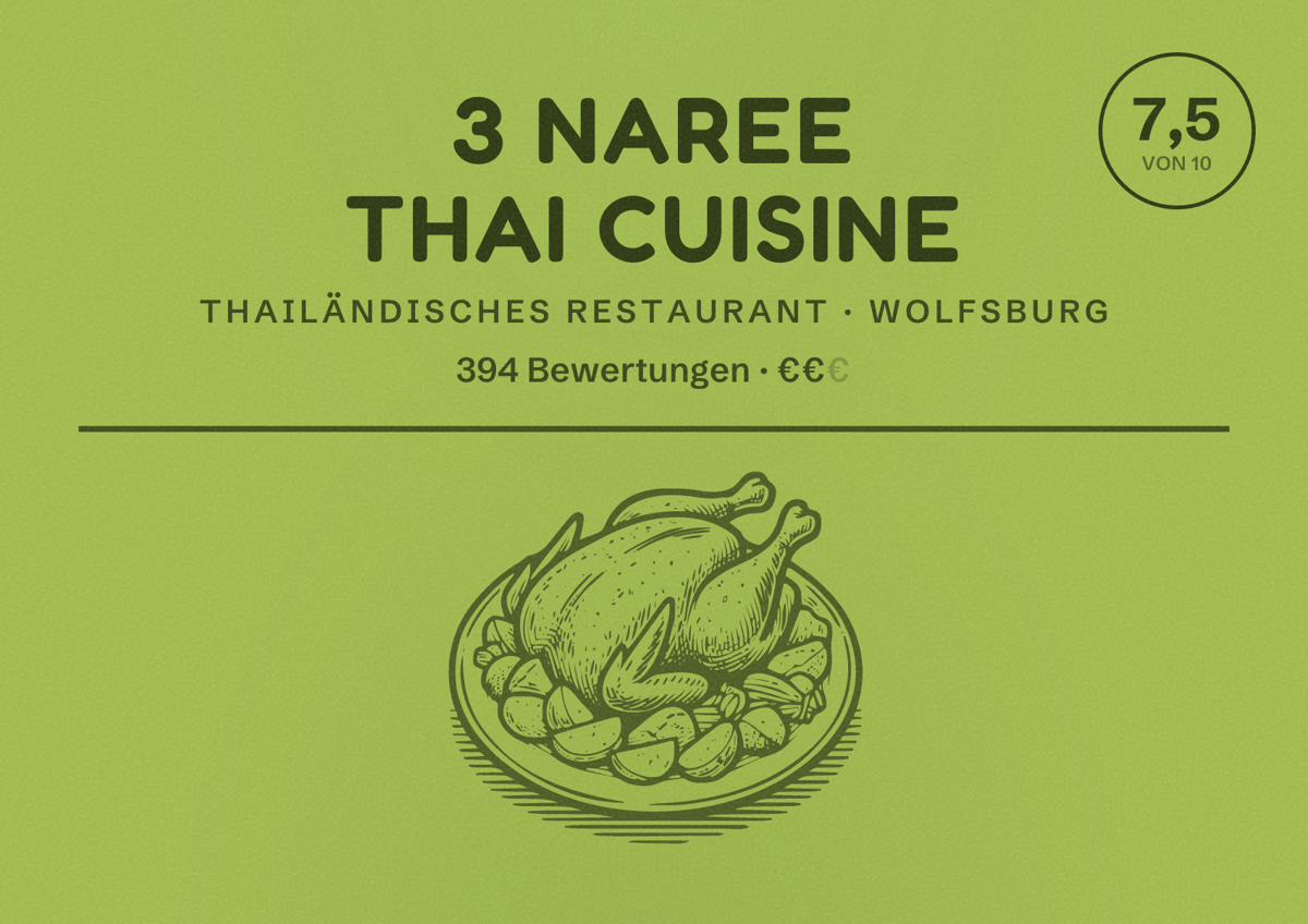 Illustriertes Poster von 3 Naree Thai Cuisine, Thailändisches Restaurant in Wolfsburg: Bewertung 7,5 von 10 aus 394 Bewertungen, Preisniveau €€