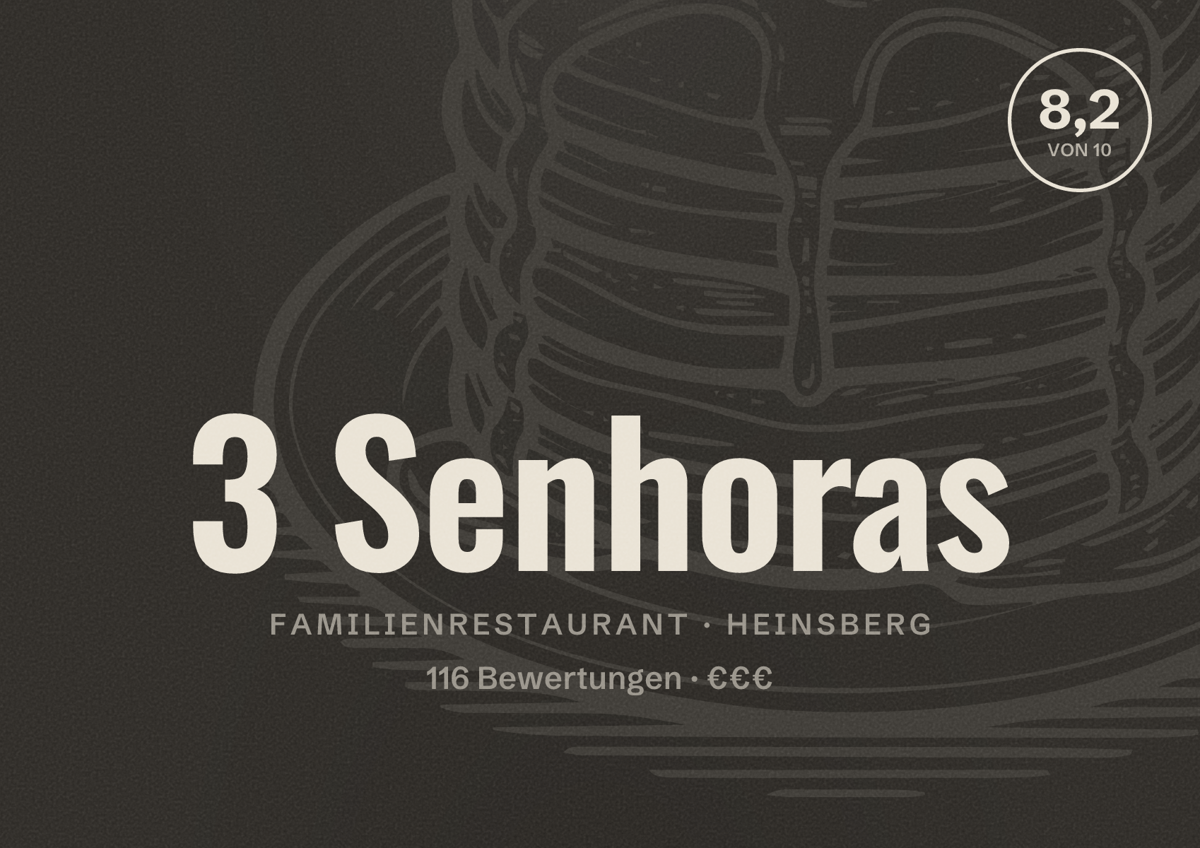 Illustriertes Poster von 3 Senhoras, Familienrestaurant in Heinsberg: Bewertung 8,2 von 10 aus 116 Bewertungen, Preisniveau €€€