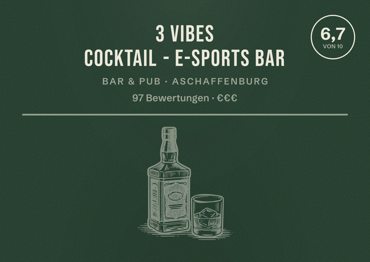 Illustriertes Poster von 3 Vibes Cocktail - E-Sports Bar, Bar & Pub in Aschaffenburg: Bewertung 6,7 von 10 aus 97 Bewertungen, Preisniveau €€€