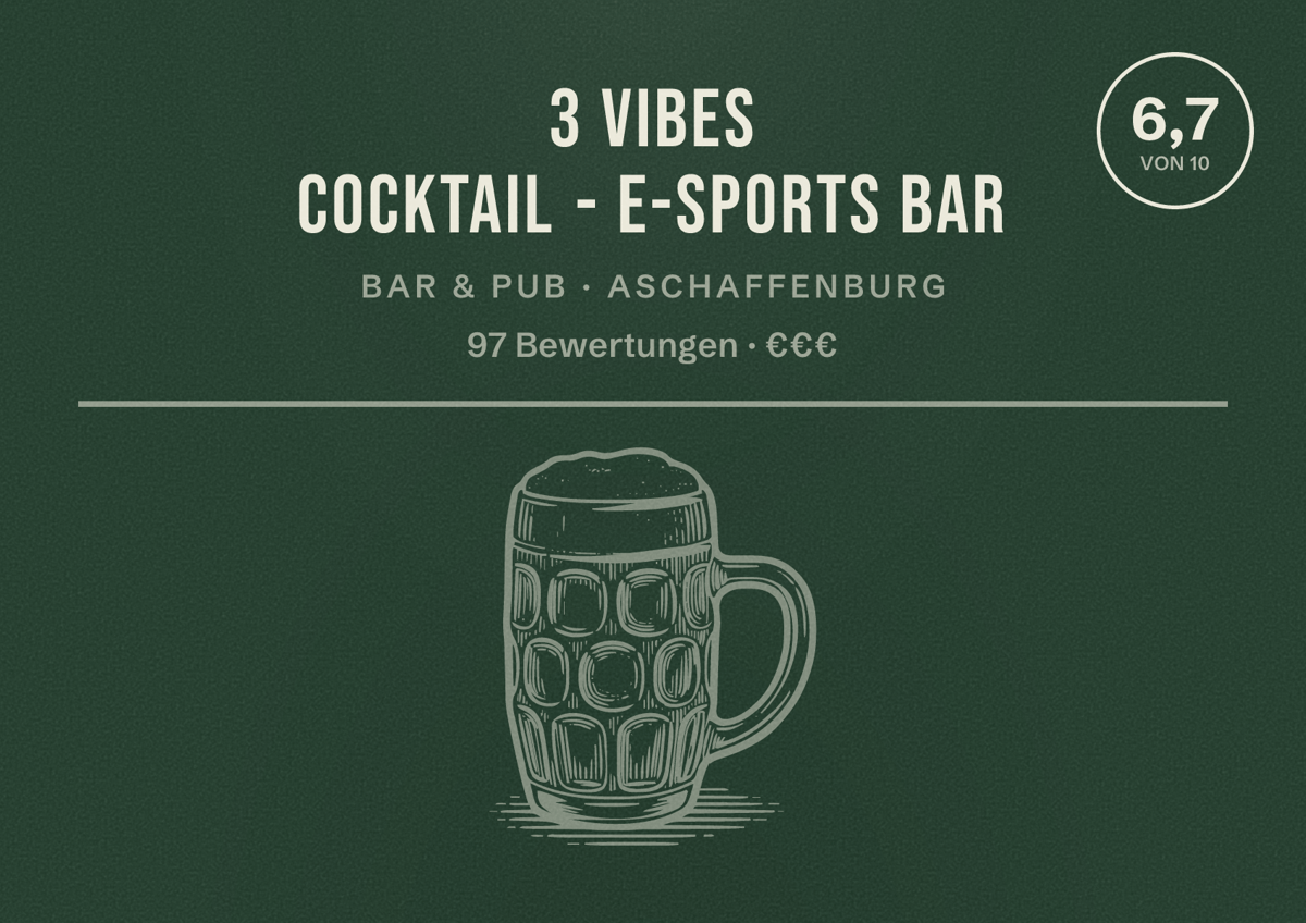 Illustriertes Poster von 3 Vibes Cocktail - E-Sports Bar, Bar & Pub in Aschaffenburg: Bewertung 6,7 von 10 aus 97 Bewertungen, Preisniveau €€€