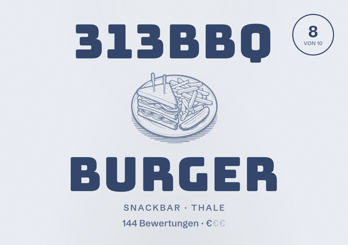 Illustriertes Poster von 313BBQ Burger, Snackbar in Thale: Bewertung 8 von 10 aus 144 Bewertungen, Preisniveau €