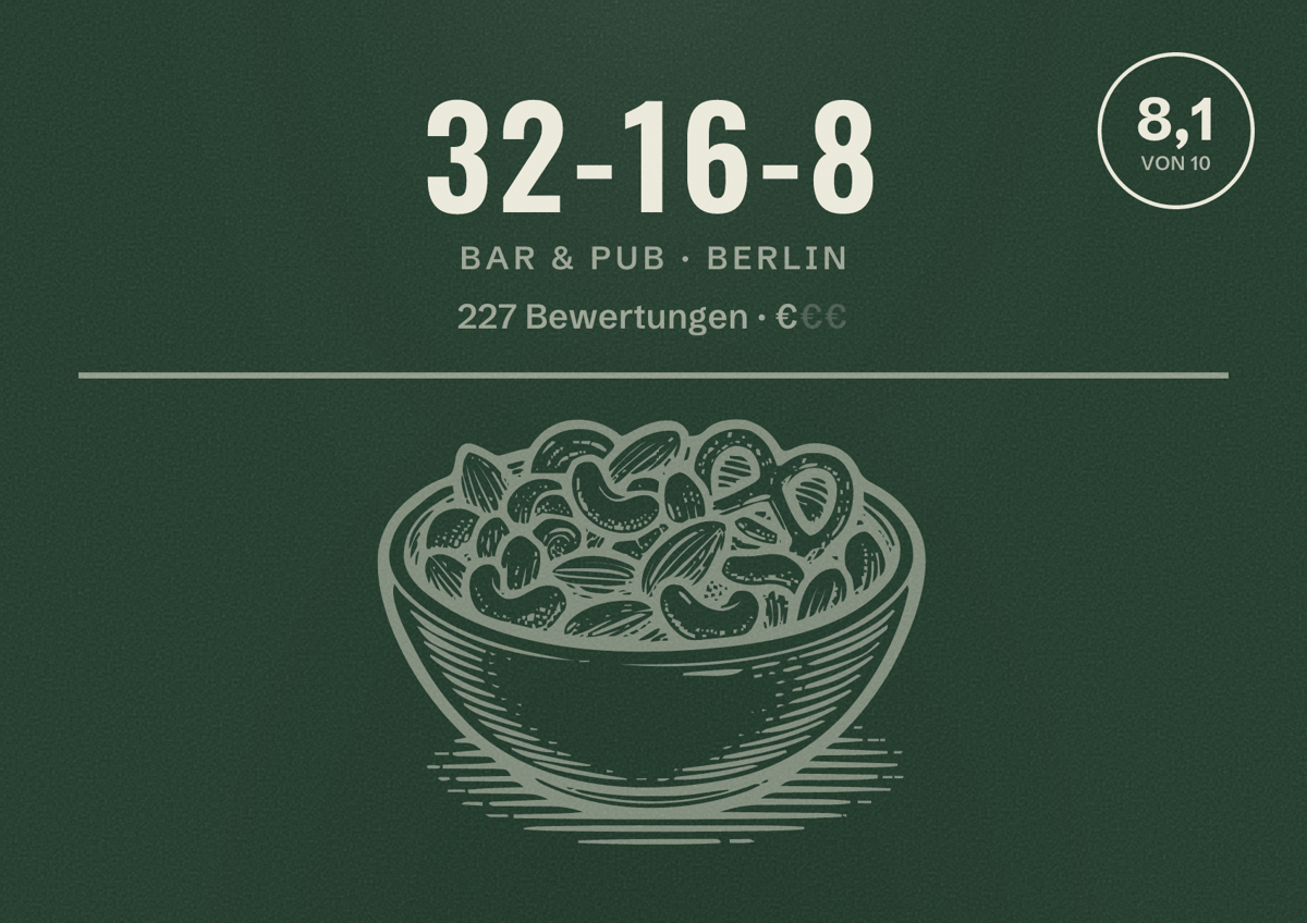Illustriertes Poster von 32-16-8, Bar & Pub in Berlin: Bewertung 8,1 von 10 aus 227 Bewertungen, Preisniveau €