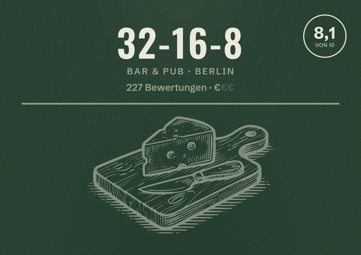 Illustriertes Poster von 32-16-8, Bar & Pub in Berlin: Bewertung 8,1 von 10 aus 227 Bewertungen, Preisniveau €