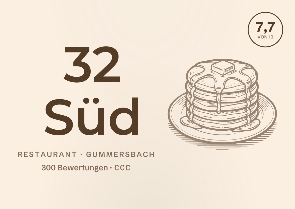 Illustriertes Poster von 32 Süd, Restaurant in Gummersbach: Bewertung 7,7 von 10 aus 300 Bewertungen, Preisniveau €€€