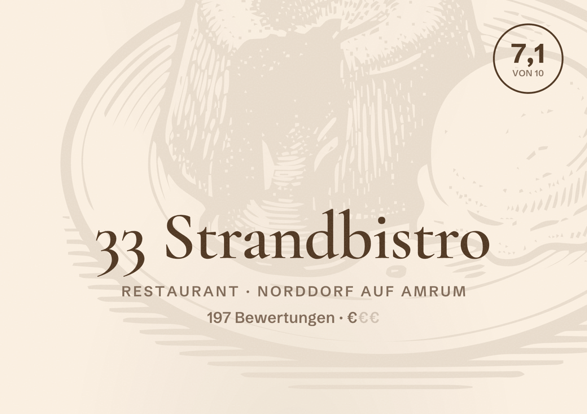 Illustriertes Poster von 33 Strandbistro, Restaurant in Norddorf auf Amrum: Bewertung 7,1 von 10 aus 197 Bewertungen, Preisniveau €