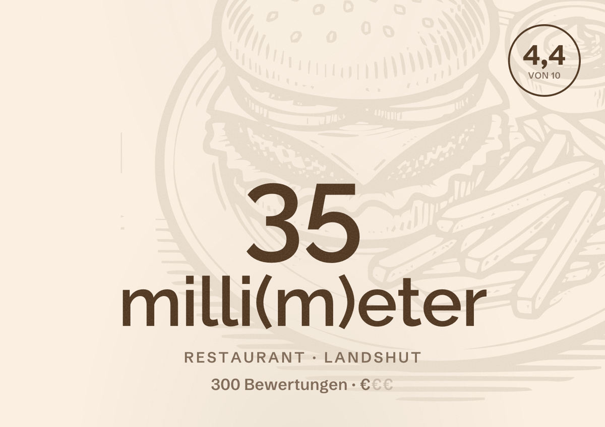 Illustriertes Poster von 35 milli(m)eter, Restaurant in Landshut: Bewertung 4,4 von 10 aus 300 Bewertungen, Preisniveau €