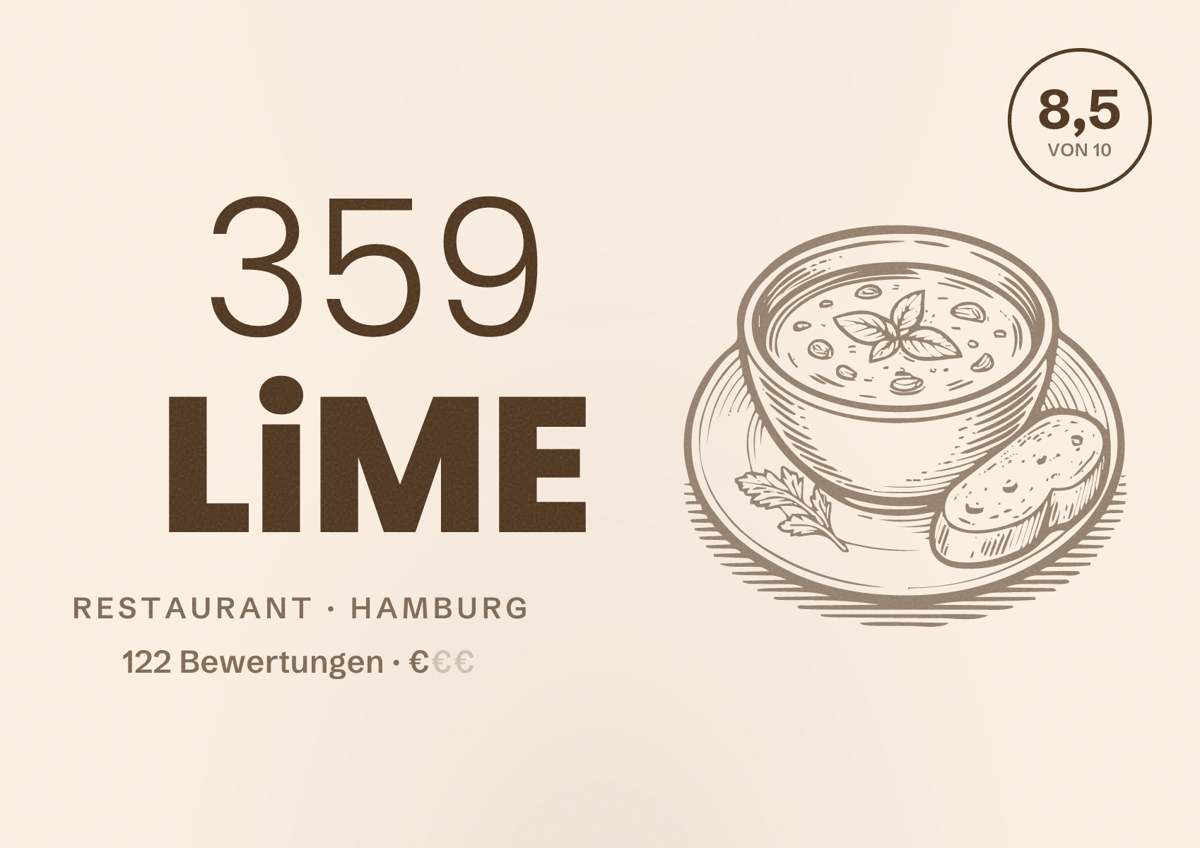 Illustriertes Poster von 359 LiME, Restaurant in Hamburg: Bewertung 8,5 von 10 aus 122 Bewertungen, Preisniveau €