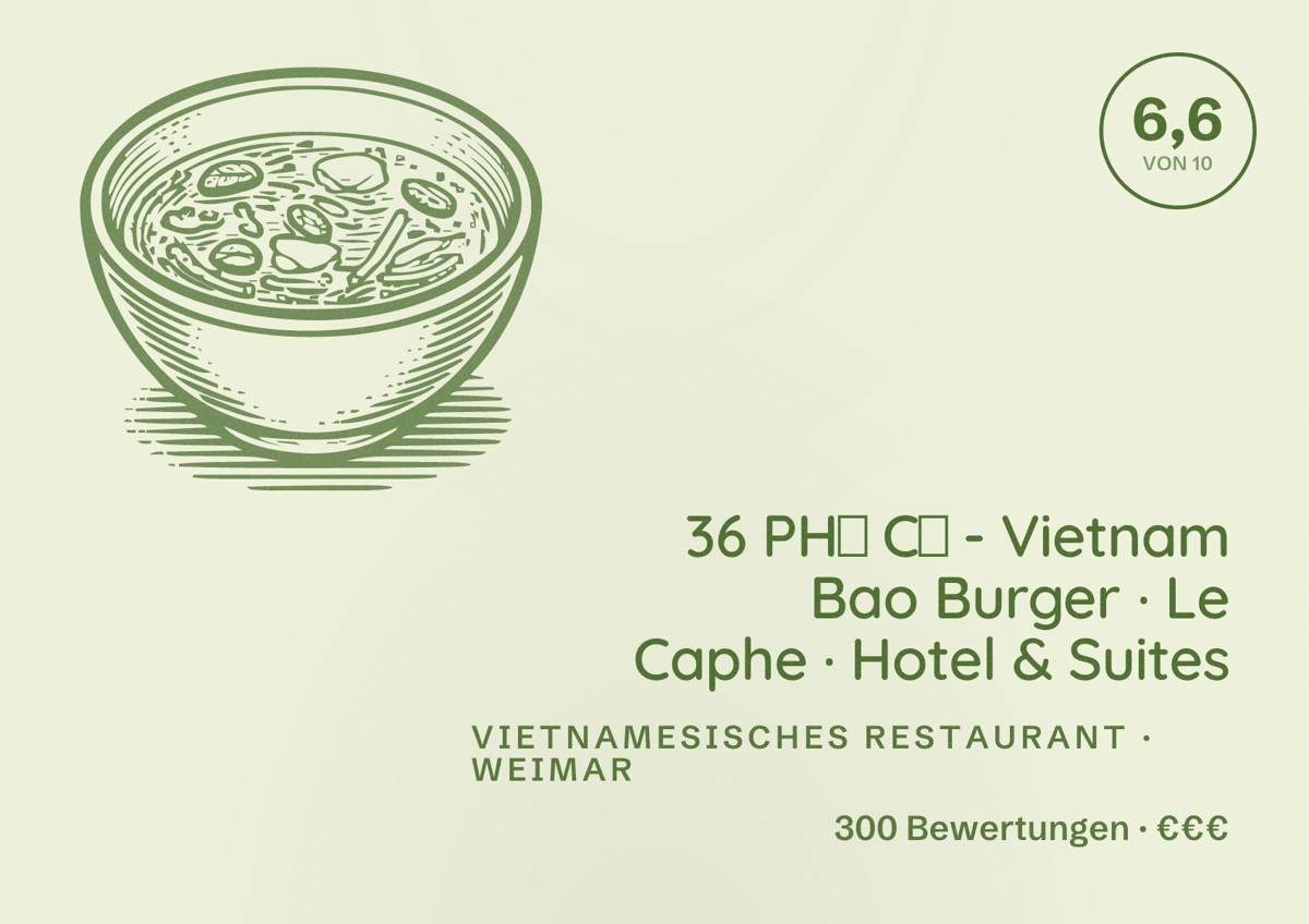 Illustriertes Poster von 36 PHỐ CỔ - Vietnam Bao Burger · Le Caphe · Hotel & Suites, Vietnamesisches Restaurant in Weimar: Bewertung 6,6 von 10 aus 300 Bewertungen, Preisniveau €€€