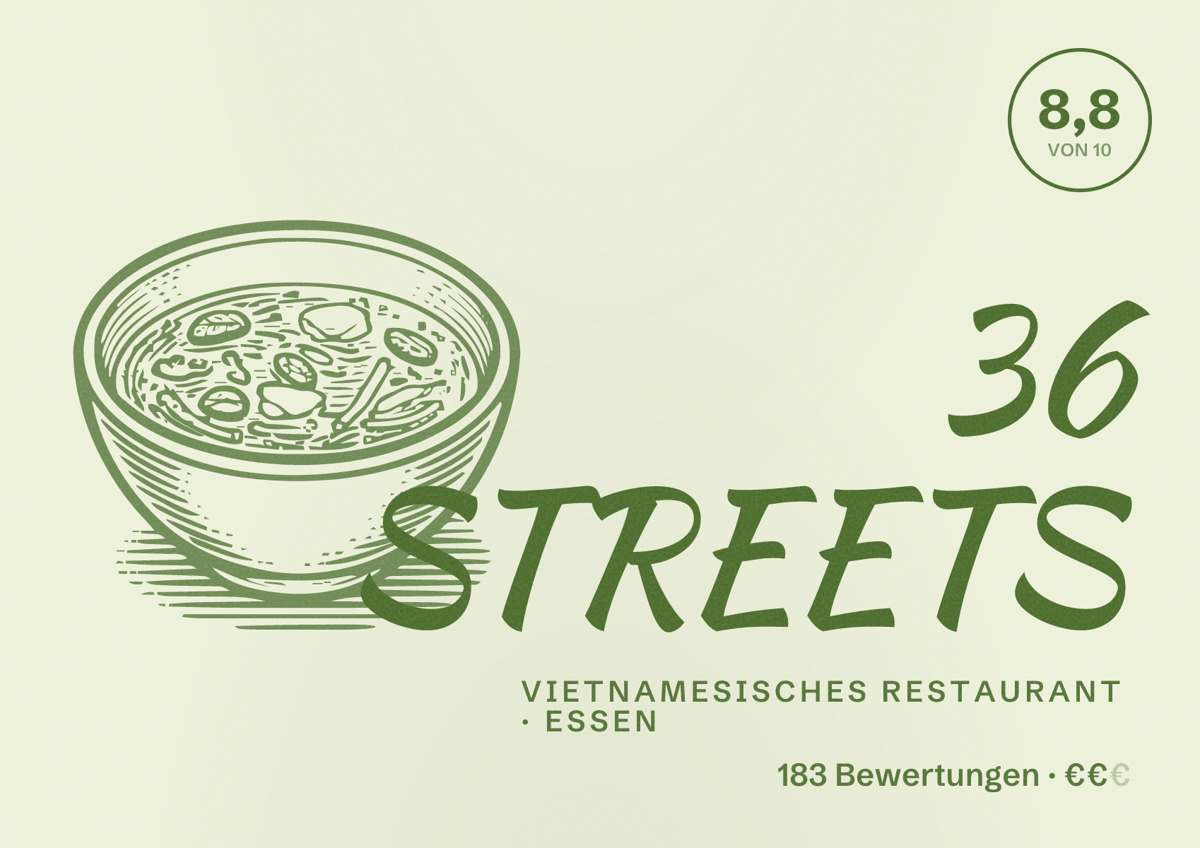 Illustriertes Poster von 36 STREETS, Vietnamesisches Restaurant in Essen: Bewertung 8,8 von 10 aus 183 Bewertungen, Preisniveau €€