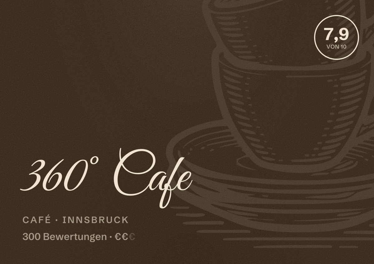 Illustriertes Poster von 360° Cafe, Café in Innsbruck: Bewertung 7,9 von 10 aus 300 Bewertungen, Preisniveau €€