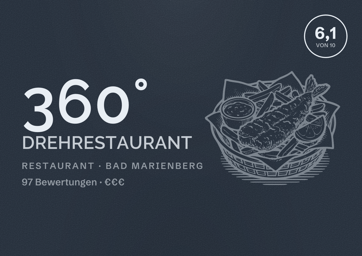 Illustriertes Poster von 360° Drehrestaurant, Restaurant in Bad Marienberg: Bewertung 6,1 von 10 aus 97 Bewertungen, Preisniveau €€€