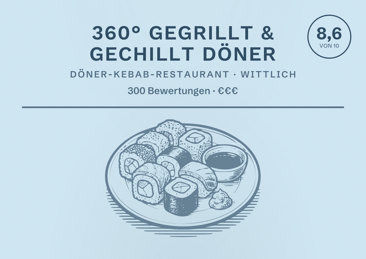 Illustriertes Poster von 360° Gegrillt & Gechillt Döner, Döner-Kebab-Restaurant in Wittlich: Bewertung 8,6 von 10 aus 300 Bewertungen, Preisniveau €€€