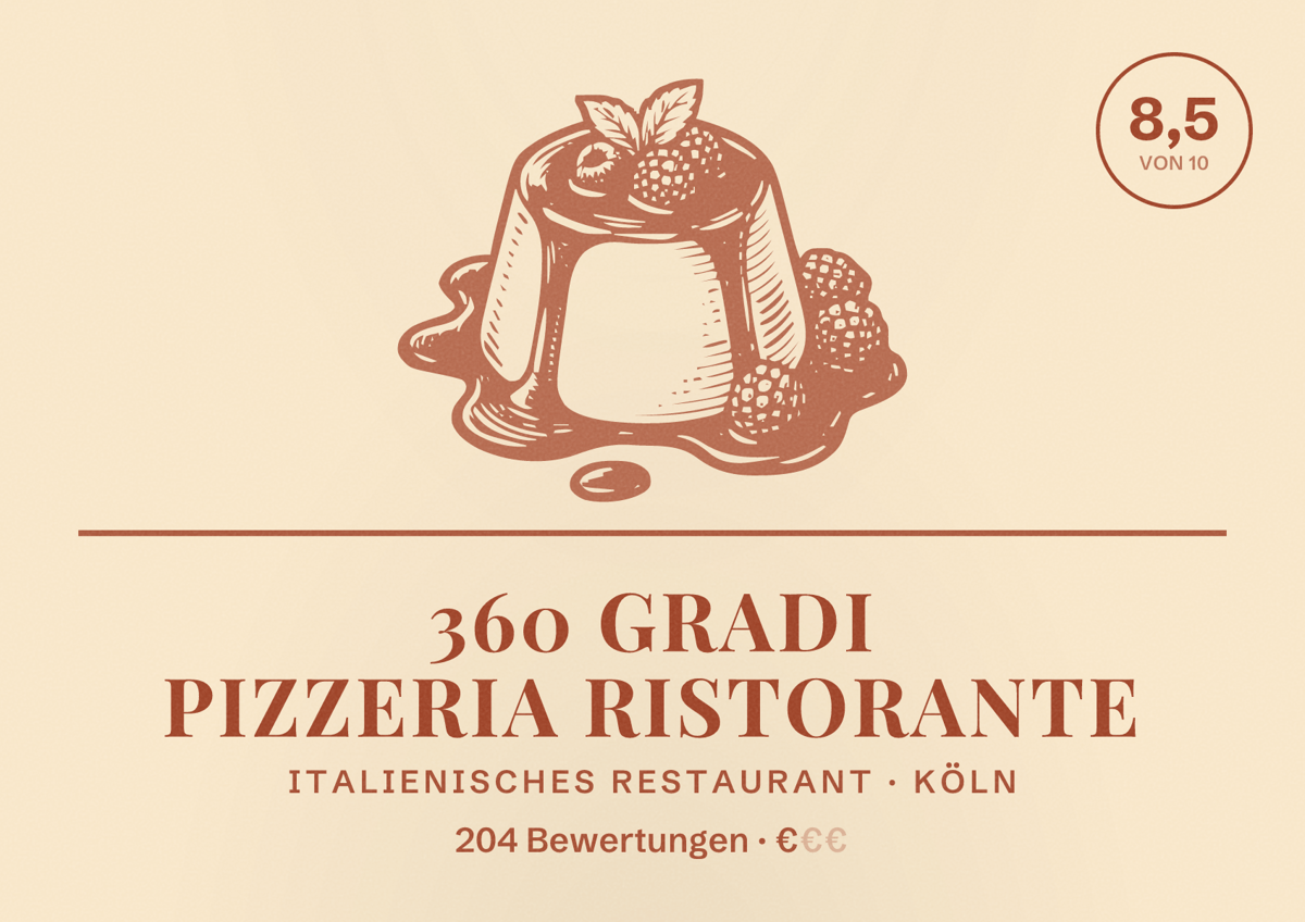 Illustriertes Poster von 360 Gradi Pizzeria Ristorante, Italienisches Restaurant in Köln: Bewertung 8,5 von 10 aus 204 Bewertungen, Preisniveau €