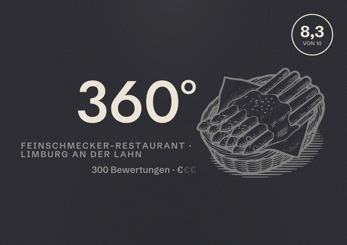 Illustriertes Poster von 360°, Feinschmecker-Restaurant in Limburg an der Lahn: Bewertung 8,3 von 10 aus 300 Bewertungen, Preisniveau €