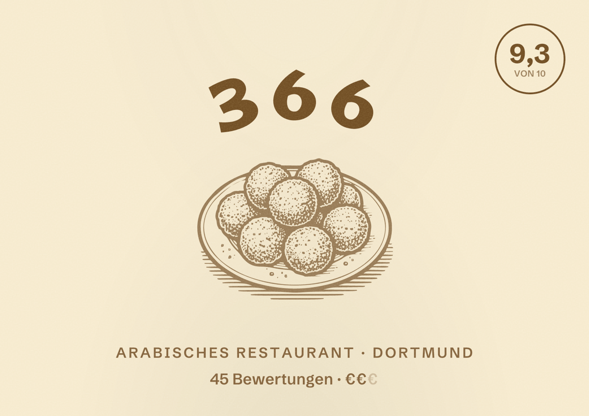 Illustriertes Poster von 366, Arabisches Restaurant in Dortmund: Bewertung 9,3 von 10 aus 45 Bewertungen, Preisniveau €€