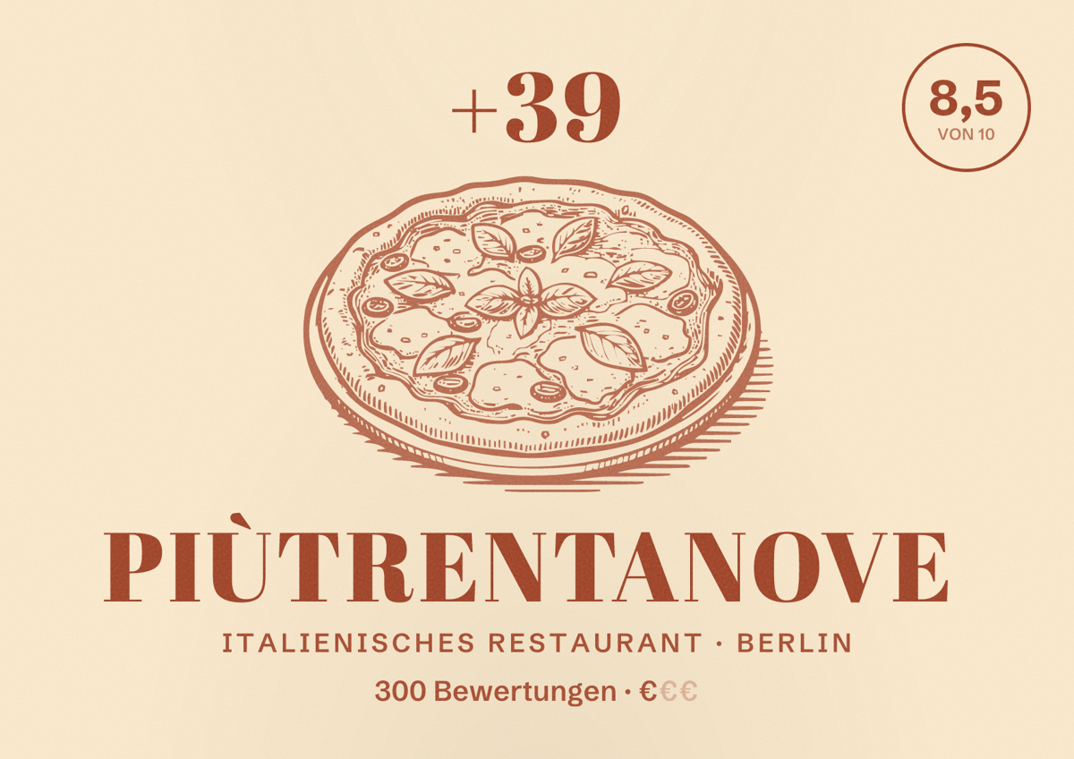 Illustriertes Poster von +39 Piùtrentanove, Italienisches Restaurant in Berlin: Bewertung 8,5 von 10 aus 300 Bewertungen, Preisniveau €