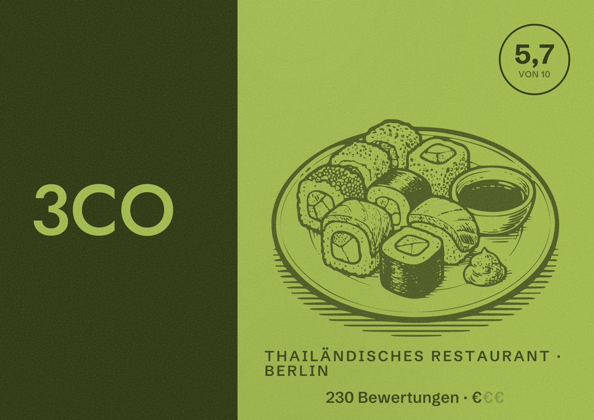 Illustriertes Poster von 3CO, Thailändisches Restaurant in Berlin: Bewertung 5,7 von 10 aus 230 Bewertungen, Preisniveau €