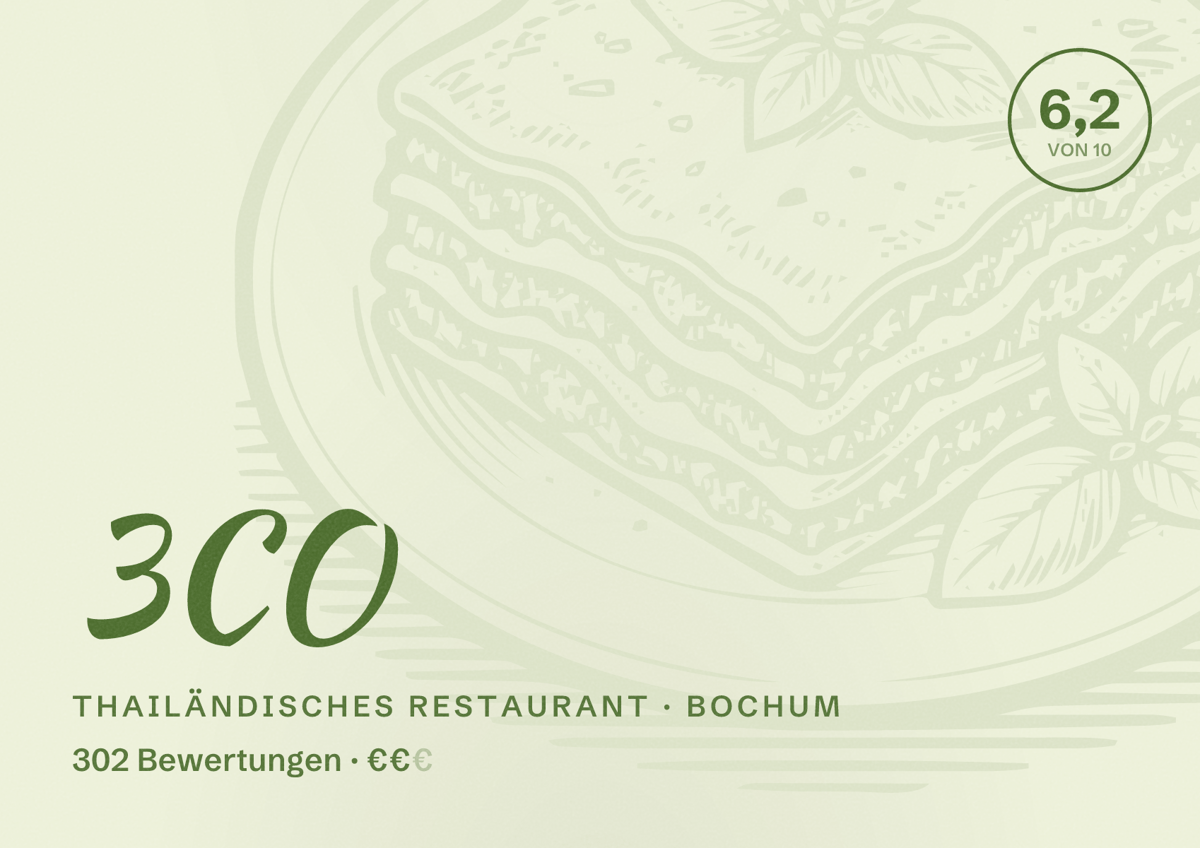 Illustriertes Poster von 3CO, Thailändisches Restaurant in Bochum: Bewertung 6,2 von 10 aus 302 Bewertungen, Preisniveau €€