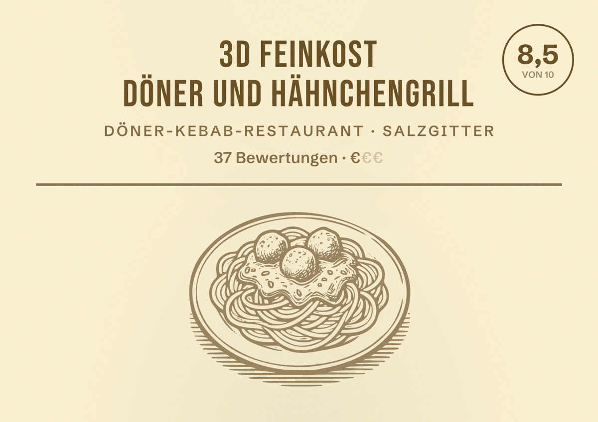 Illustriertes Poster von 3D Feinkost Döner und Hähnchengrill, Döner-Kebab-Restaurant in Salzgitter: Bewertung 8,5 von 10 aus 37 Bewertungen, Preisniveau €