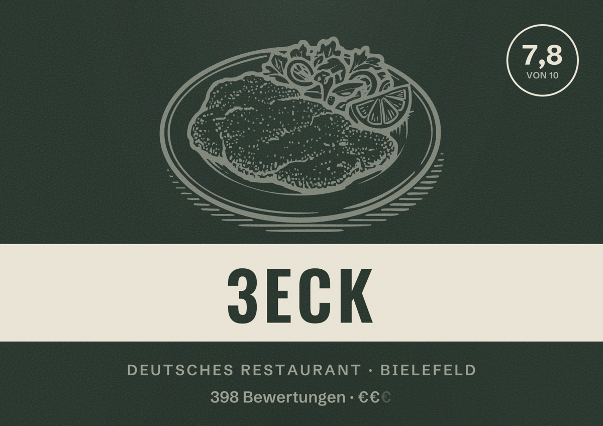 Illustriertes Poster von 3ECK, Deutsches Restaurant in Bielefeld: Bewertung 7,8 von 10 aus 398 Bewertungen, Preisniveau €€