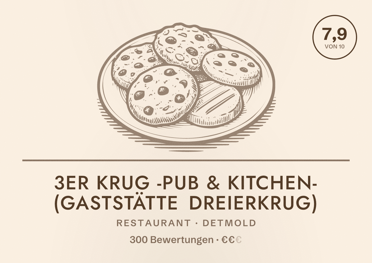 Illustriertes Poster von 3er Krug -Pub & Kitchen- (Gaststätte Dreierkrug), Restaurant in Detmold: Bewertung 7,9 von 10 aus 300 Bewertungen, Preisniveau €€