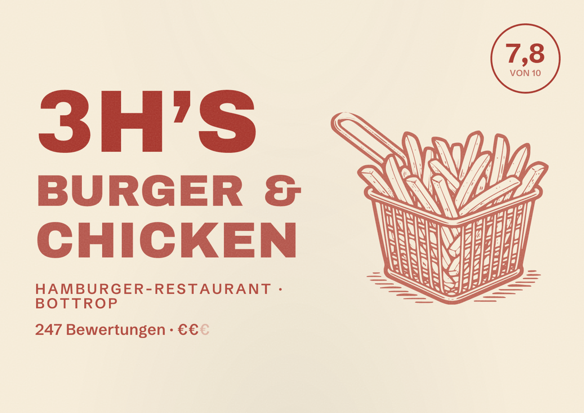 Illustriertes Poster von 3h’s Burger & Chicken, Hamburger-Restaurant in Bottrop: Bewertung 7,8 von 10 aus 247 Bewertungen, Preisniveau €€