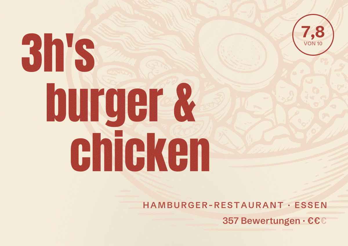 Illustriertes Poster von 3h's burger & chicken, Hamburger-Restaurant in Essen: Bewertung 7,8 von 10 aus 357 Bewertungen, Preisniveau €€