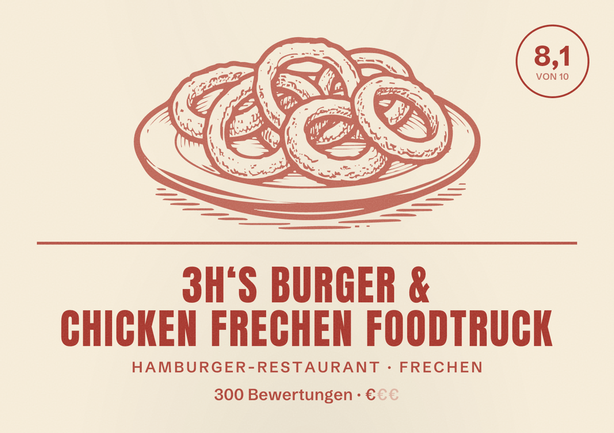 Illustriertes Poster von 3h‘s burger & chicken Frechen Foodtruck, Hamburger-Restaurant in Frechen: Bewertung 8,1 von 10 aus 300 Bewertungen, Preisniveau €