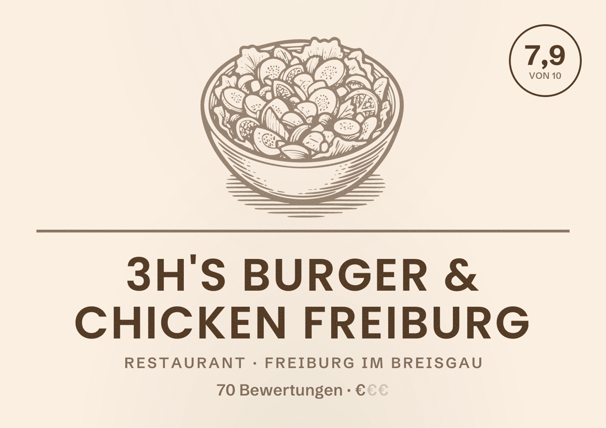 Illustriertes Poster von 3h's Burger & Chicken Freiburg, Restaurant in Freiburg im Breisgau: Bewertung 7,9 von 10 aus 70 Bewertungen, Preisniveau €