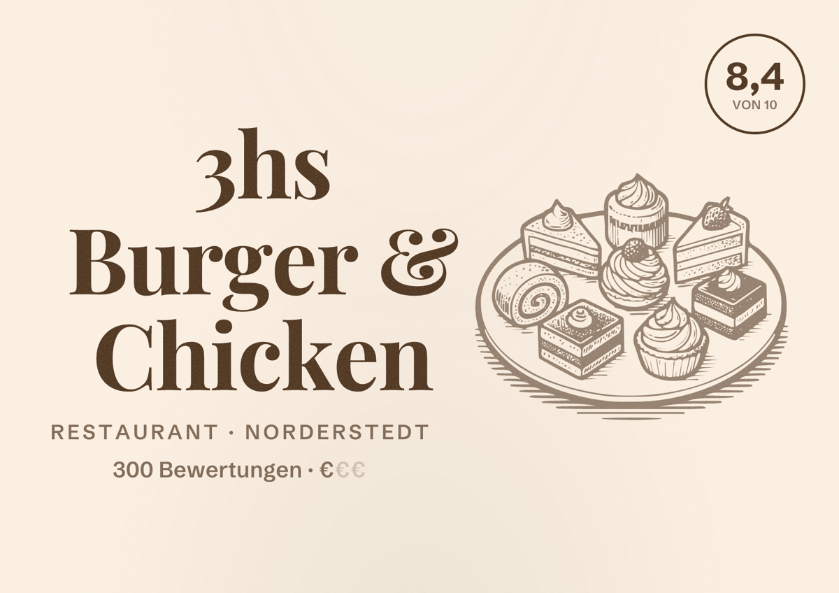 Illustriertes Poster von 3hs Burger & Chicken, Restaurant in Norderstedt: Bewertung 8,4 von 10 aus 300 Bewertungen, Preisniveau €