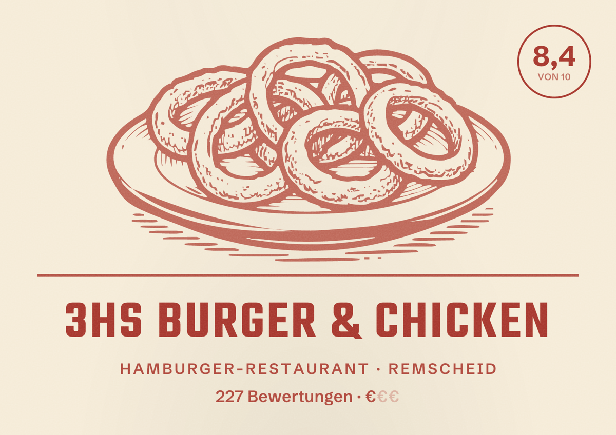 Illustriertes Poster von 3Hs burger & chicken, Hamburger-Restaurant in Remscheid: Bewertung 8,4 von 10 aus 227 Bewertungen, Preisniveau €