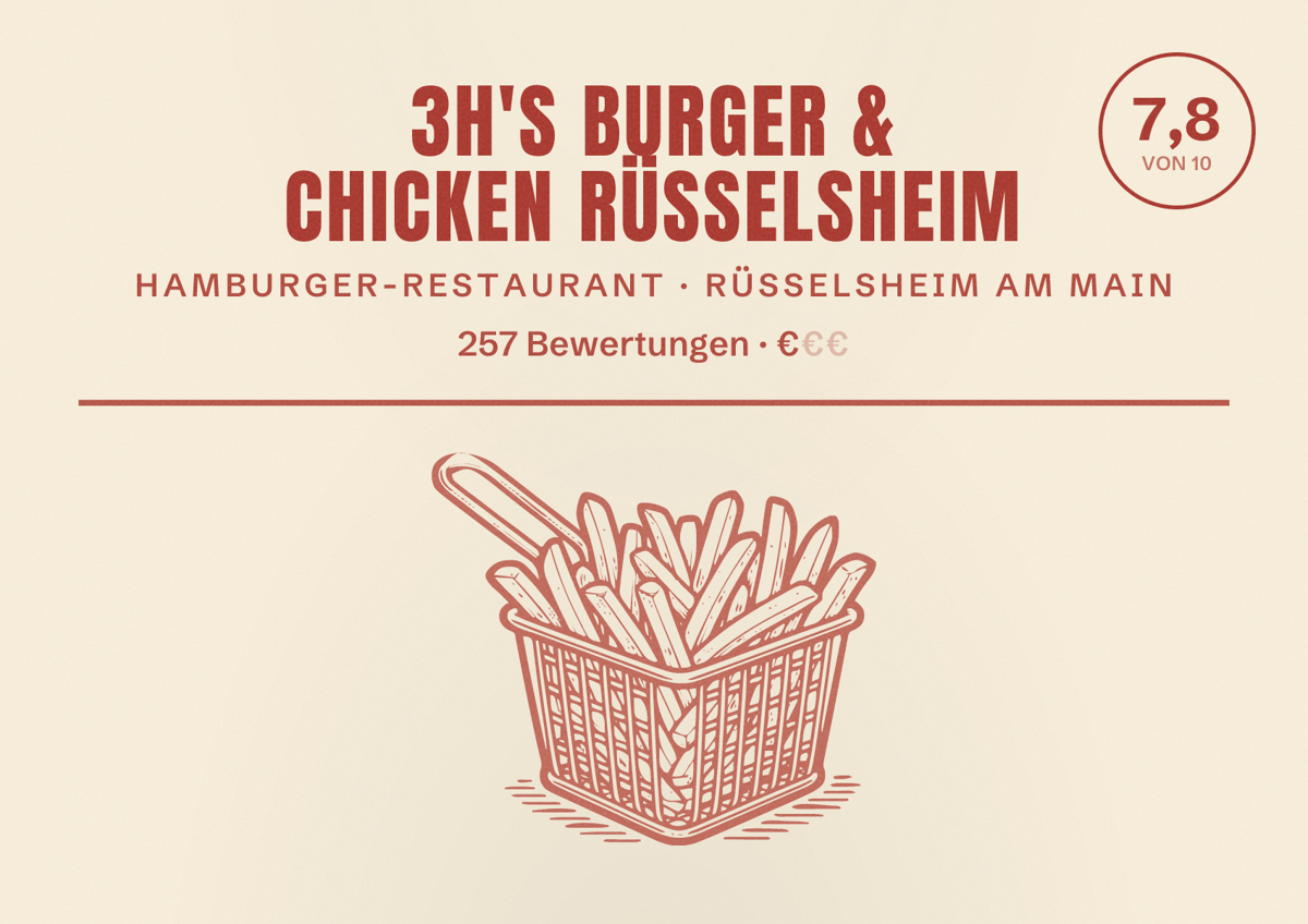 Illustriertes Poster von 3h's Burger & Chicken Rüsselsheim, Hamburger-Restaurant in Rüsselsheim am Main: Bewertung 7,8 von 10 aus 257 Bewertungen, Preisniveau €
