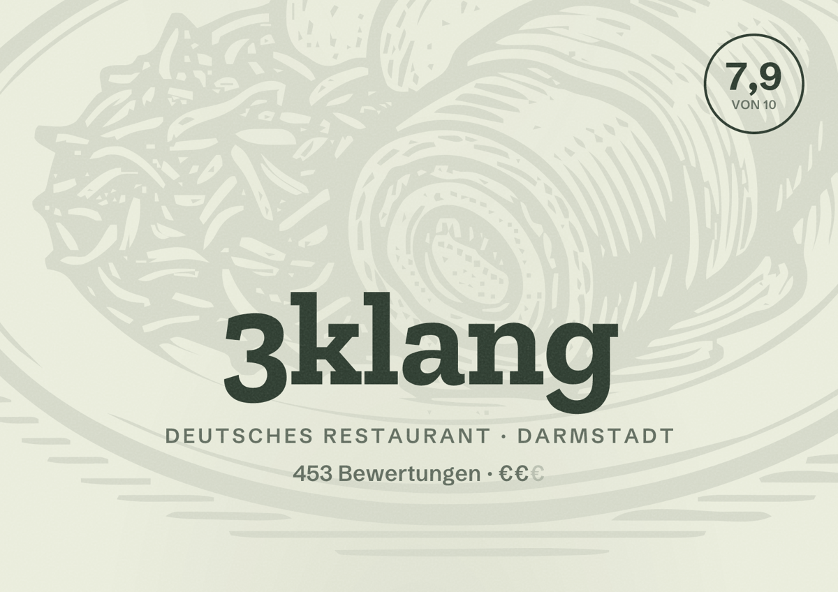 Illustriertes Poster von 3klang, Deutsches Restaurant in Darmstadt: Bewertung 7,9 von 10 aus 453 Bewertungen, Preisniveau €€