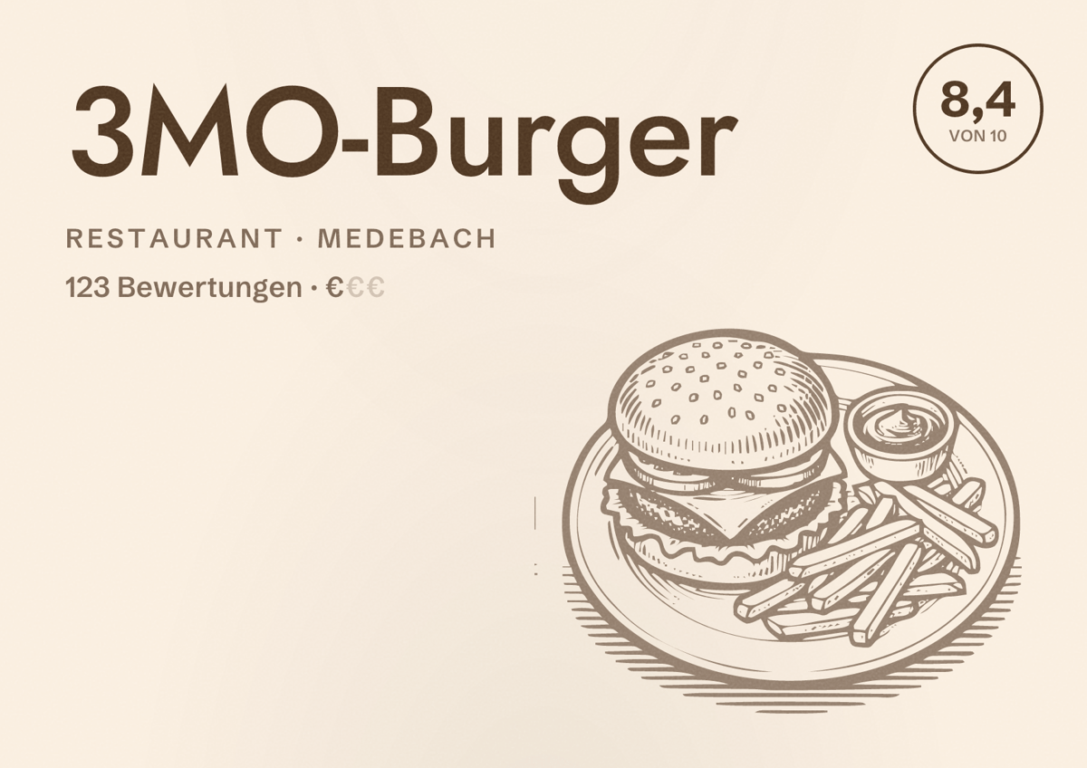 Illustriertes Poster von 3MO-Burger, Restaurant in Medebach: Bewertung 8,4 von 10 aus 123 Bewertungen, Preisniveau €