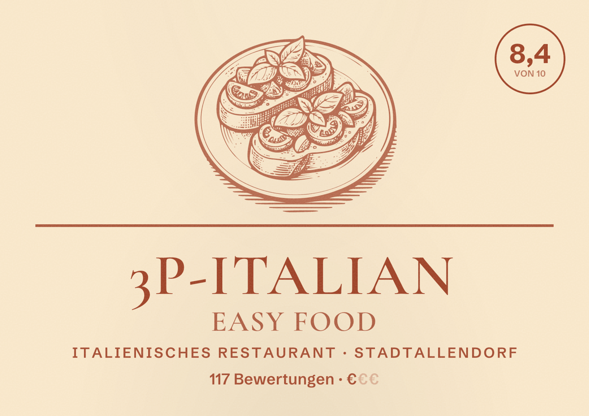 Illustriertes Poster von 3P-italian easy food, Italienisches Restaurant in Stadtallendorf: Bewertung 8,4 von 10 aus 117 Bewertungen, Preisniveau €