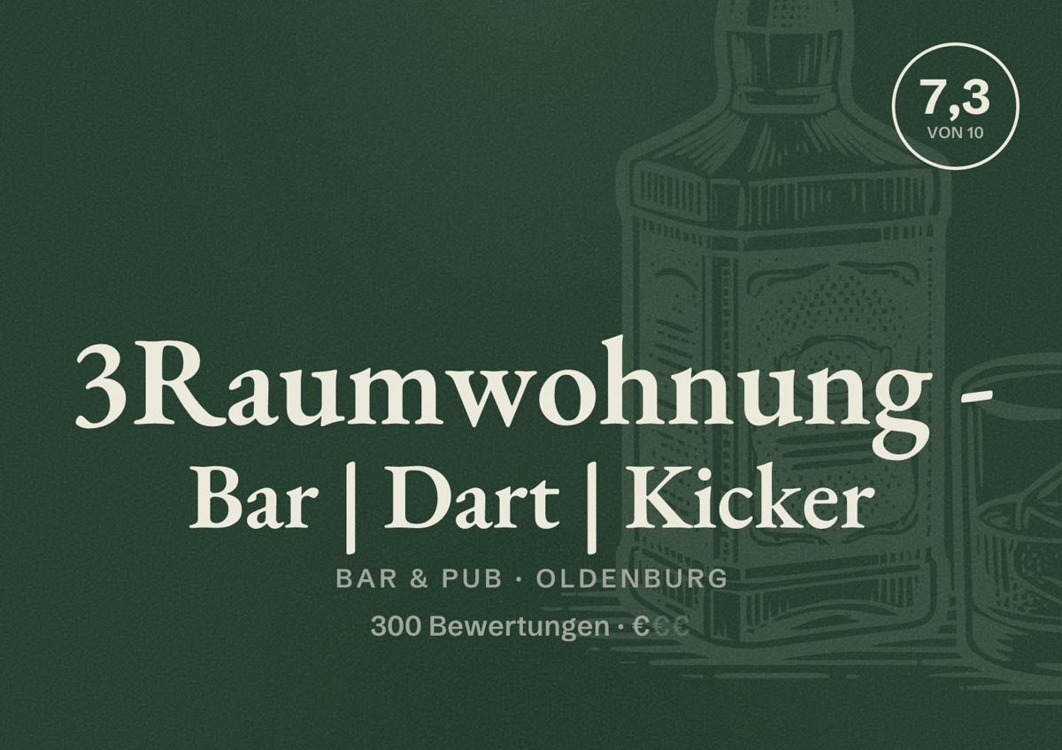 Illustriertes Poster von 3Raumwohnung - Bar | Dart | Kicker, Bar & Pub in Oldenburg: Bewertung 7,3 von 10 aus 300 Bewertungen, Preisniveau €
