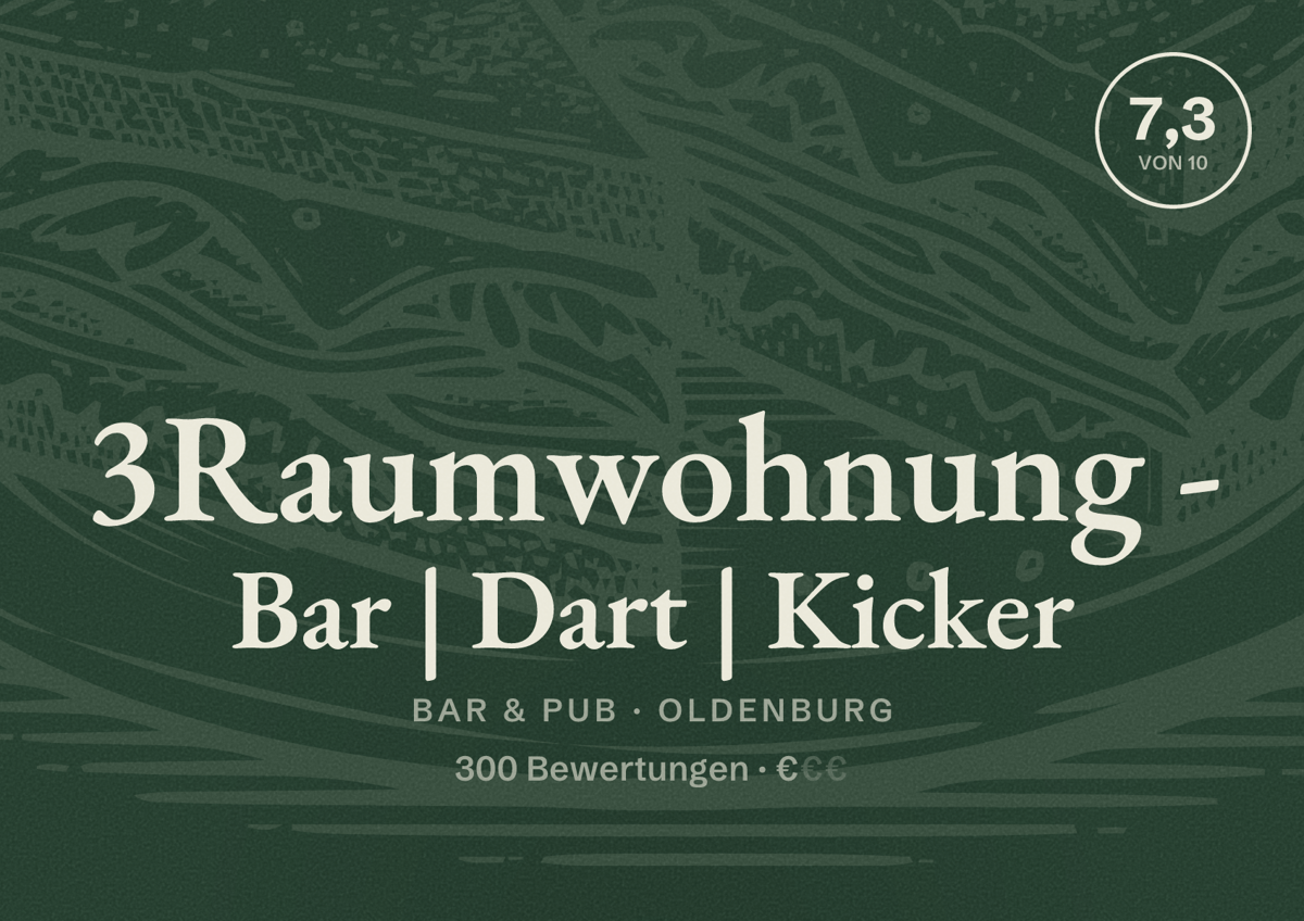 Illustriertes Poster von 3Raumwohnung - Bar | Dart | Kicker, Bar & Pub in Oldenburg: Bewertung 7,3 von 10 aus 300 Bewertungen, Preisniveau €