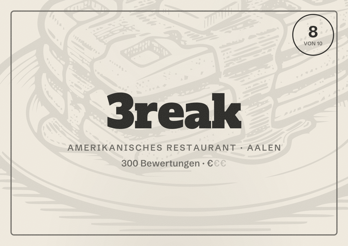Illustriertes Poster von 3reak, Amerikanisches Restaurant in Aalen: Bewertung 8 von 10 aus 300 Bewertungen, Preisniveau €