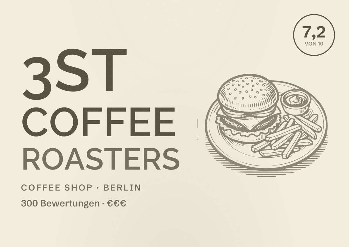 Illustriertes Poster von 3st Coffee Roasters, Coffee Shop in Berlin: Bewertung 7,2 von 10 aus 300 Bewertungen, Preisniveau €€€