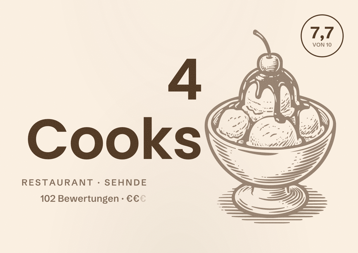 Illustriertes Poster von 4 Cooks, Restaurant in Sehnde: Bewertung 7,7 von 10 aus 102 Bewertungen, Preisniveau €€