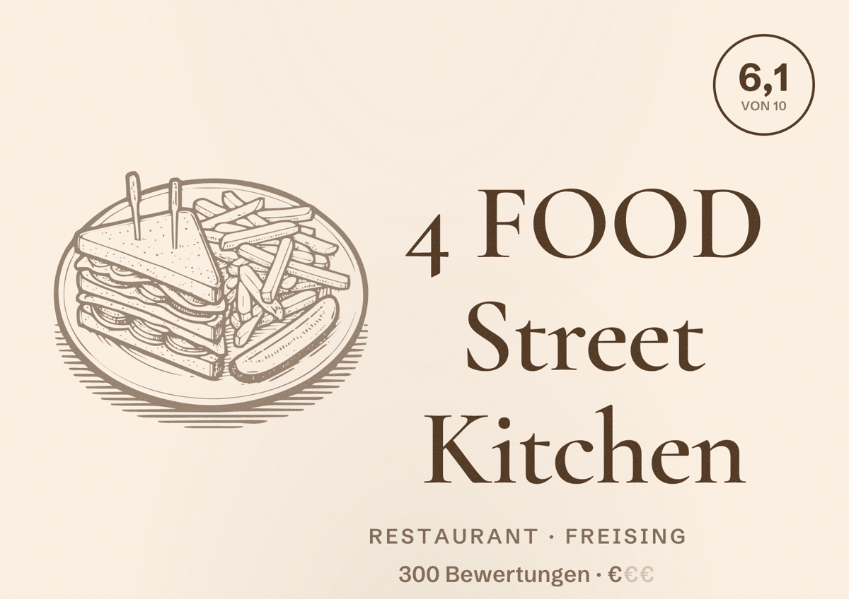 Illustriertes Poster von 4 FOOD Street Kitchen, Restaurant in Freising: Bewertung 6,1 von 10 aus 300 Bewertungen, Preisniveau €