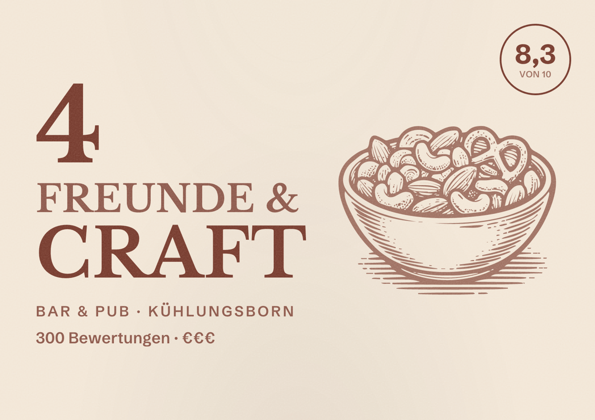 Illustriertes Poster von 4 Freunde & Craft, Bar & Pub in Kühlungsborn: Bewertung 8,3 von 10 aus 300 Bewertungen, Preisniveau €€€