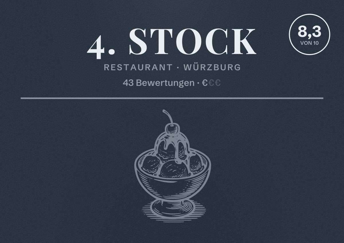 Illustriertes Poster von 4. Stock, Restaurant in Würzburg: Bewertung 8,3 von 10 aus 43 Bewertungen, Preisniveau €