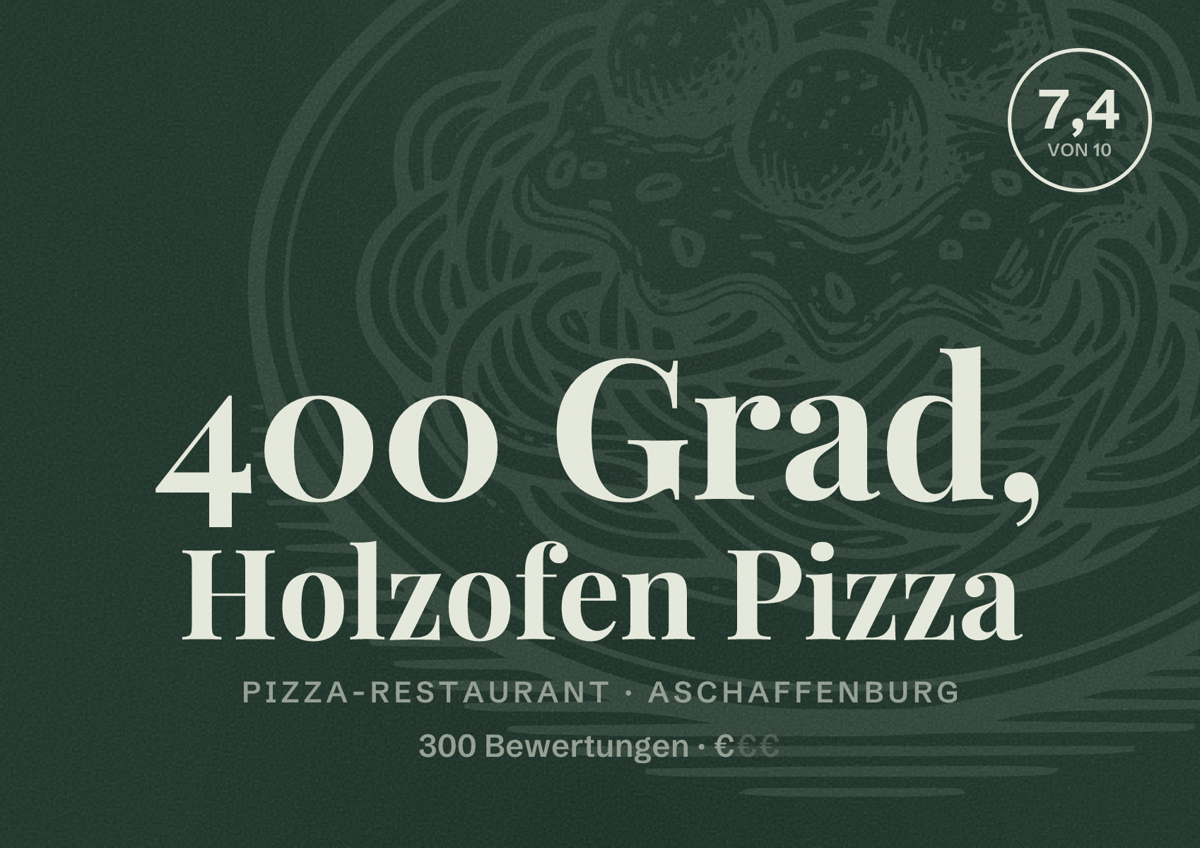 Illustriertes Poster von 400 Grad, Holzofen Pizza, Pizza-Restaurant in Aschaffenburg: Bewertung 7,4 von 10 aus 300 Bewertungen, Preisniveau €
