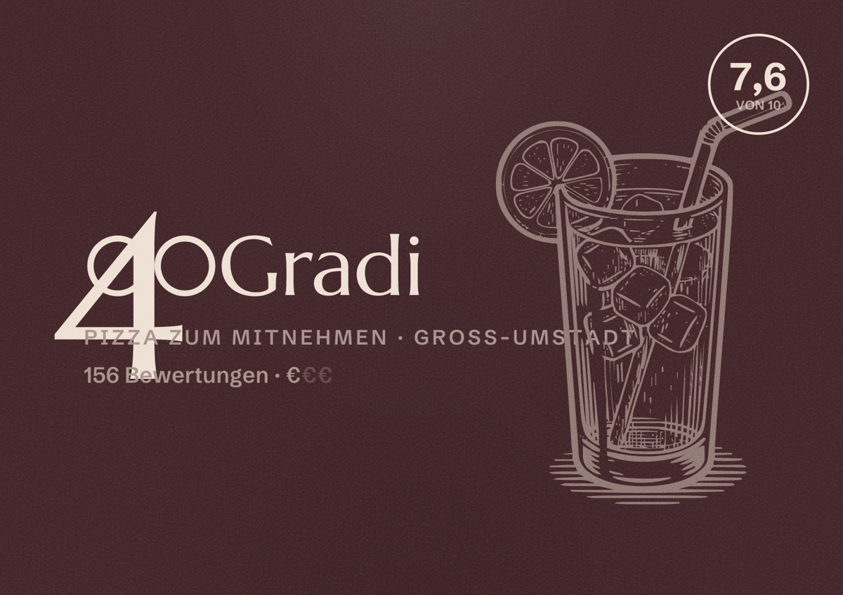 Illustriertes Poster von 400Gradi, Pizza zum Mitnehmen in Groß-Umstadt: Bewertung 7,6 von 10 aus 156 Bewertungen, Preisniveau €